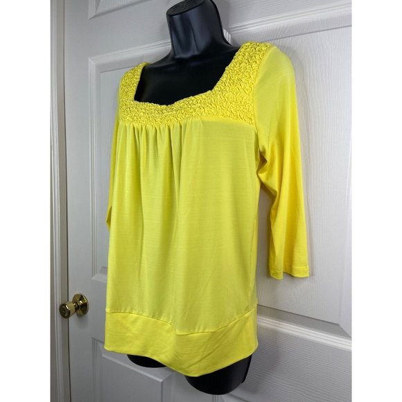 AGB Blouse Womens Size Small S 3/4 Sleeve Solid Yellow Stretch Top Square Neck - Picture 5 of 8
